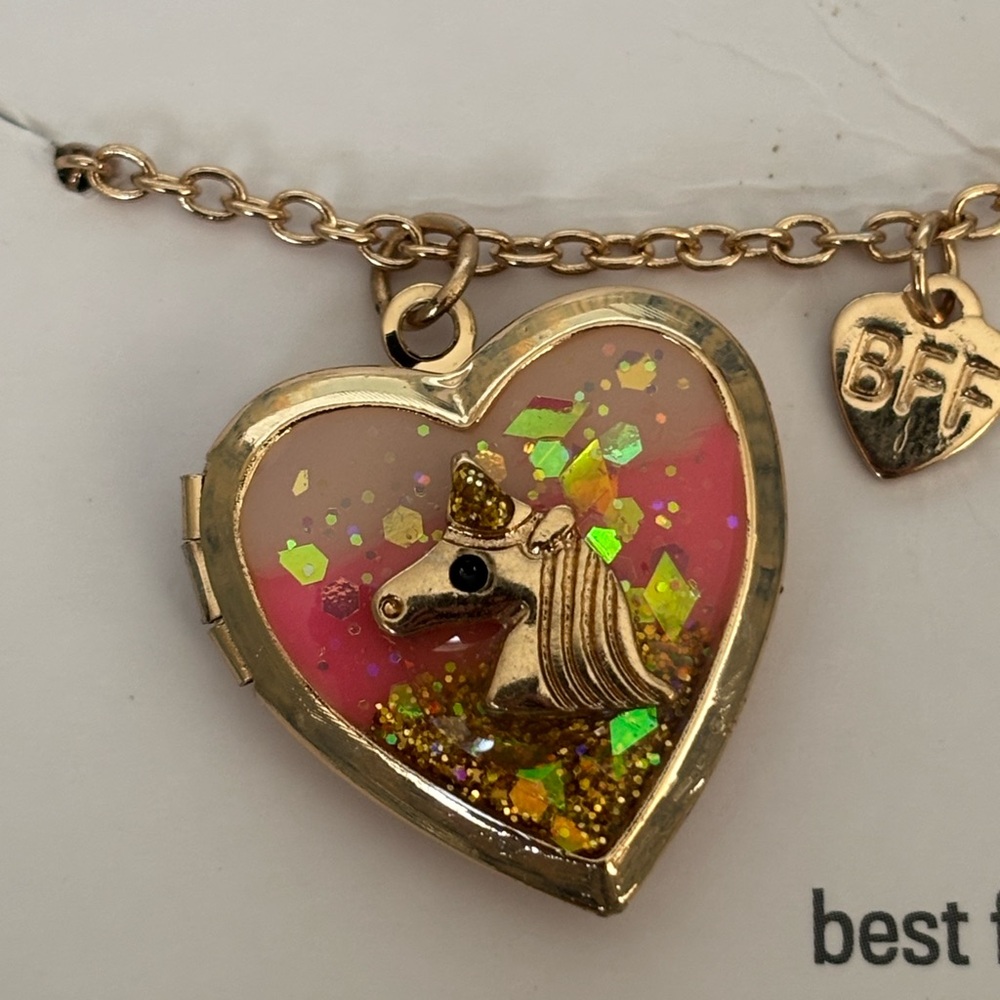 Unicorn Locket Necklace Gold Tone Pastel Glitter Enamel Tween